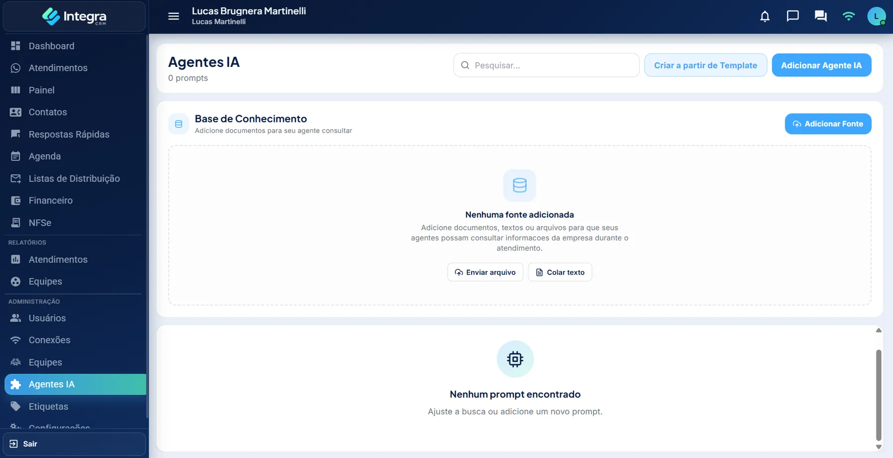 Tela de agentes de IA do Integra CRM com configuracoes e recursos de automacao.