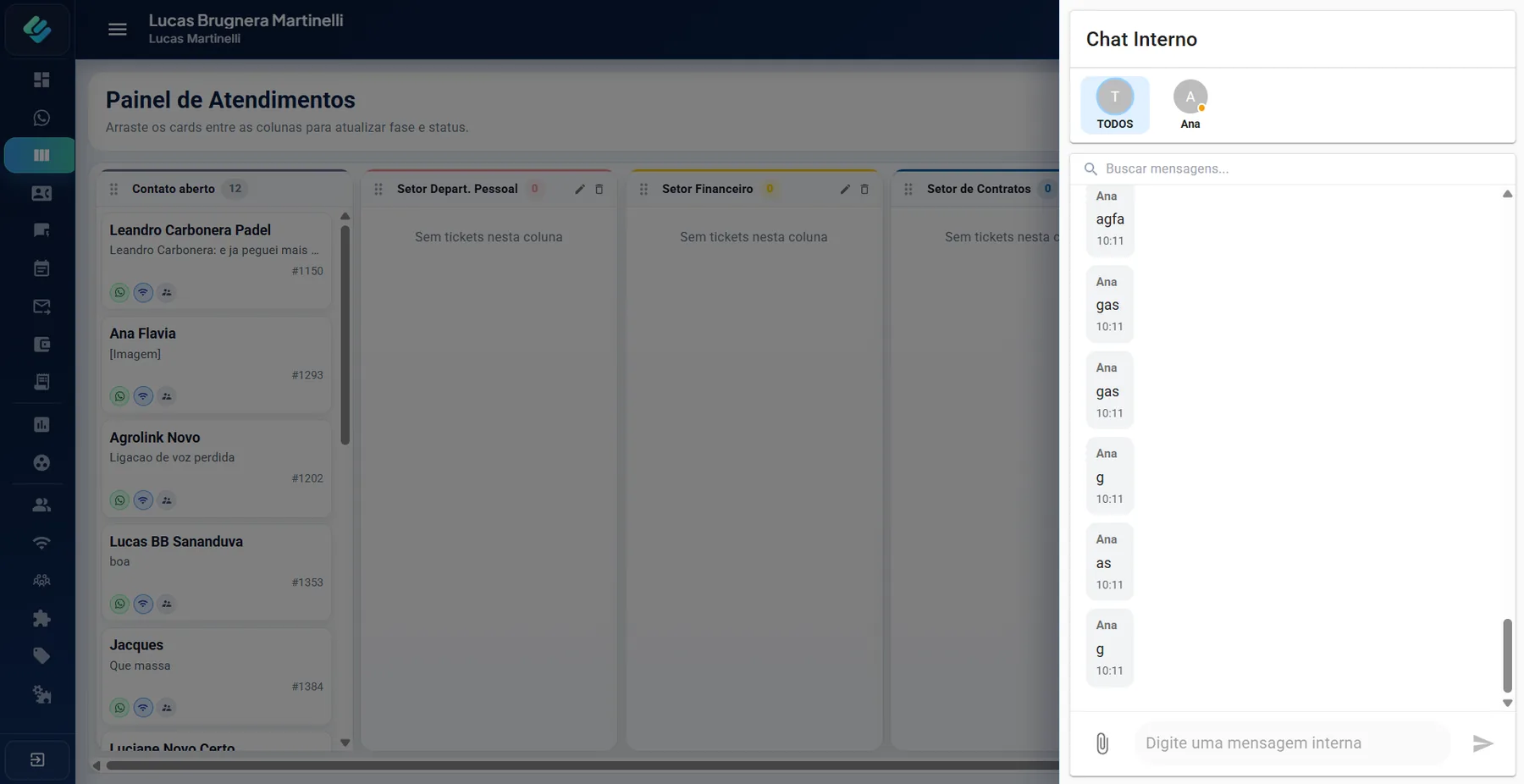 Tela de chat interno do Integra CRM para colaboracao entre membros da equipe.