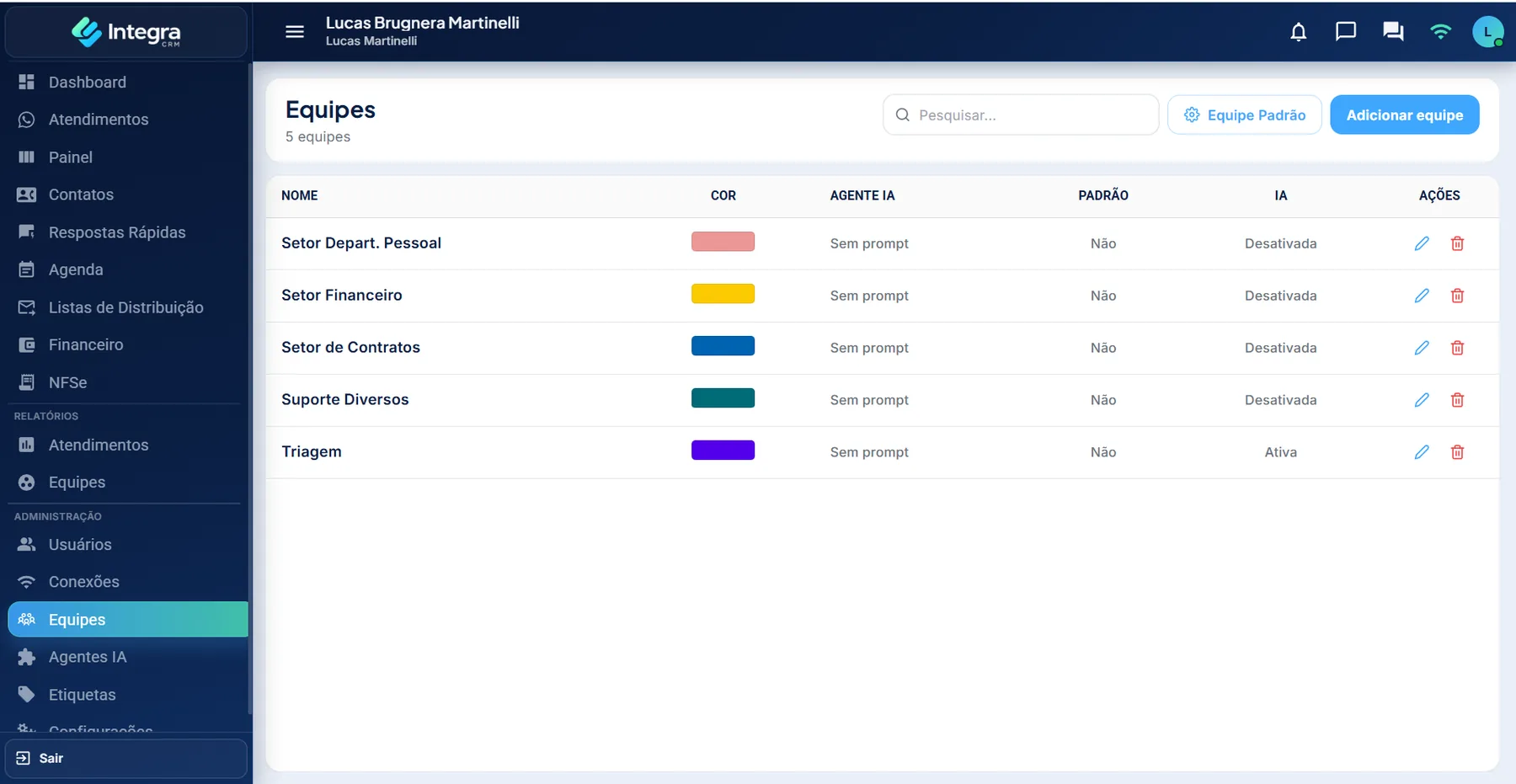 Tela de equipes do Integra CRM com configuracao de times e distribuicao operacional.